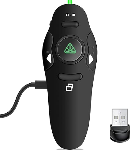 Rechargeable Presentation Clicker Wireless Presenter Remote USB Control Powerpoint PPT Clicker,Green Laser Pointer RF 2.4GHz Presenter Remote Google Slide Advancer for Computer/Laptop/Mac/Keynote