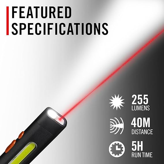 Coast PM50R 185 Lumen Rechargeable Work Light with Laser Pointer, C.O.B Side Area Light and Magnetic Endcap