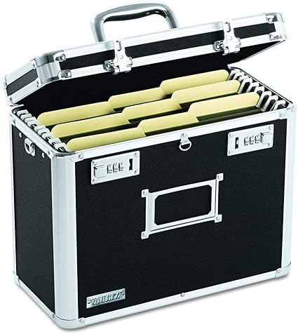 Vaultz File Organizer Storage Box - 14 x 7 x 12.19 Inch Letter Size, Portable Locking Storage Totes with Dual Combination Locks for Filing Office Documents - Black