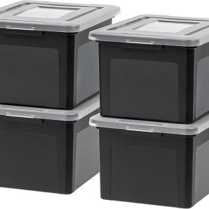 IRIS USA File Box Plastic File Organizer for Letter/Legal File, Document Box, Storage Bin Tote Organizer with Durable and Secure Latching Lid, Stackable, Nestable, BPA-Free, Black 35 Qt. 4 Pack