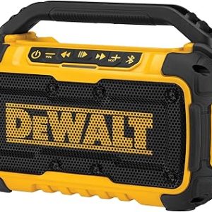 DEWALT 20V MAX Bluetooth Speaker, 100 ft Range, Durable for Jobsites, Phone Holder Included, Lasts 8-10 Hours with Single Charge (DCR010)